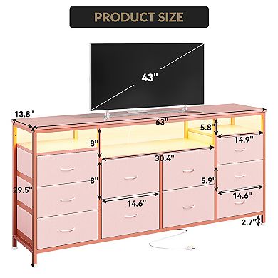 10 Drawer Dresser TV Stand for 65 70 75 Inch Tv, 63" W Long, with Led Lights & Power Outlets