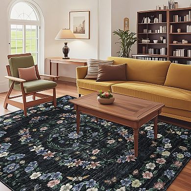 Garvee Machine Washable Modern Floral Print Area Rug Non Slip Bordered Indoor Carpet