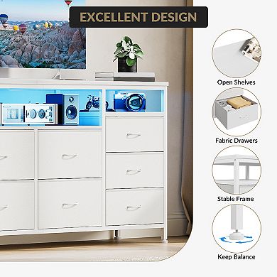 10 Drawer Dresser TV Stand for 65 70 75 Inch Tv, 63" W Long, with Led Lights & Power Outlets