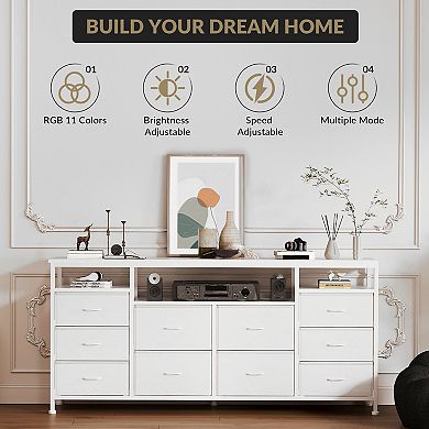 10 Drawer Dresser TV Stand for 65 70 75 Inch Tv, 63" W Long, with Led Lights & Power Outlets