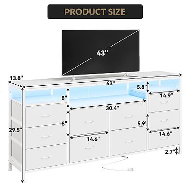 10 Drawer Dresser TV Stand for 65 70 75 Inch Tv, 63" W Long, with Led Lights & Power Outlets