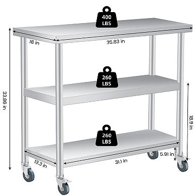 Stainless Steel Table, 18x36x34 Inch, 3-Tier Metal Prep Table with 2 Lockable Wheels, Undershelf