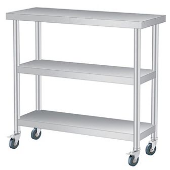 Stainless Steel Table, 14x36x34 Inch, 3 tier Metal Prep Table with 2 Lockable Wheels, Undershelf