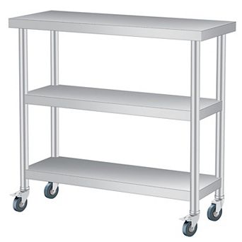 Stainless Steel Table, 14x36x34 Inch, 3 tier Metal Prep Table with 2 Lockable Wheels, Undershelf
