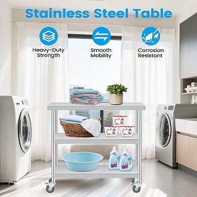 Stainless Steel Table, 14x36x34 Inch, 3-Tier Metal Prep Table with 2 Lockable Wheels, Undershelf