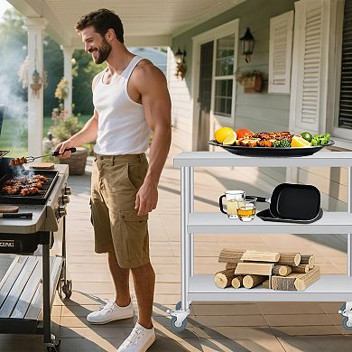 Stainless Steel Table, 14x36x34 Inch, 3-Tier Metal Prep Table with 2 Lockable Wheels, Undershelf