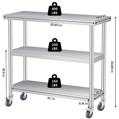 Stainless Steel Table, 14x36x34 Inch, 3-Tier Metal Prep Table with 2 Lockable Wheels, Undershelf