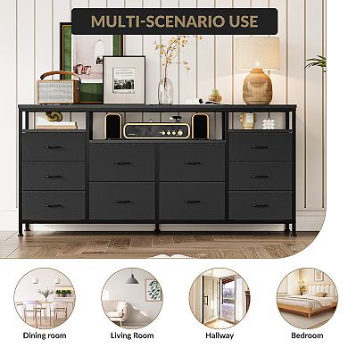 10 Drawer Dresser TV Stand for 65 70 75 Inch Tv, 63" W Long, with Led Lights & Power Outlets