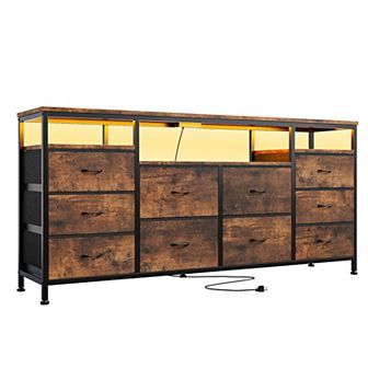 10 Drawer Dresser TV Stand for 65 70 75 Inch Tv, 63" W Long, with Led Lights & Power Outlets