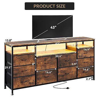 10 Drawer Dresser TV Stand for 65 70 75 Inch Tv, 63" W Long, with Led  Lights & Power Outlets
