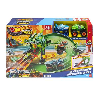 Hot Wheels Monster Trucks Sharks vs. Dinos Dragon Destruction Playset & 2 Toy Trucks
