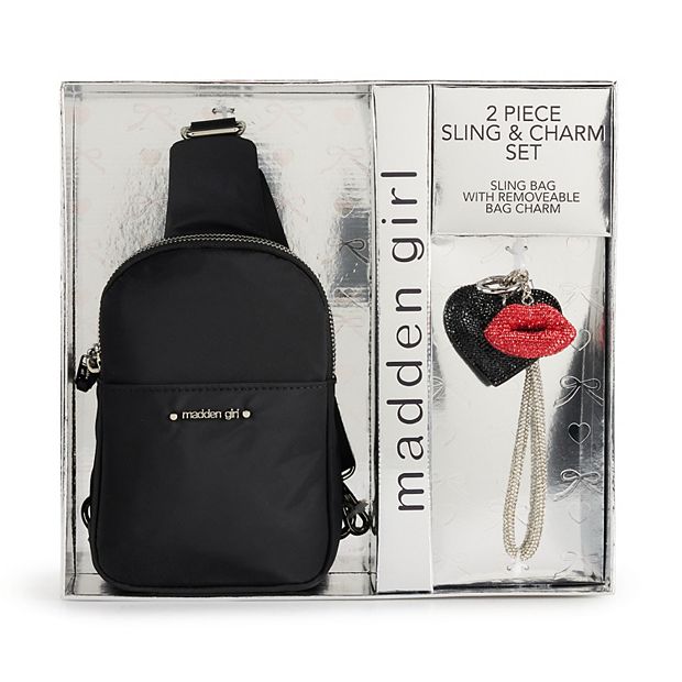 STEVE MADDEN MADDEN GIRL SLING BAG GIFT SET WITH CHARMS NYLON BLACK NWTS Steve Madden Girl Boxed Gift Set Crossbody pouch Studs With  main image 2