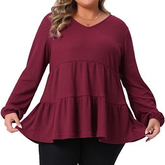 Plus Size Peplum Tops for Women V Neck Long Sleeve Ruffle Hem Tiered Lightweight Waffle Knit Blouse
