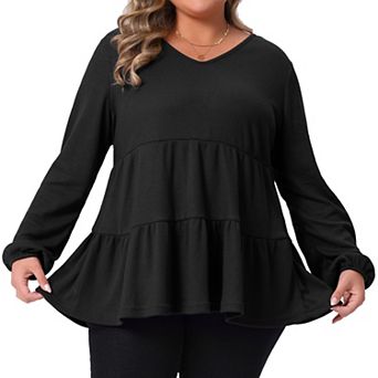 Plus Size Peplum Tops for Women V Neck Long Sleeve Ruffle Hem Tiered Lightweight Waffle Knit Blouse