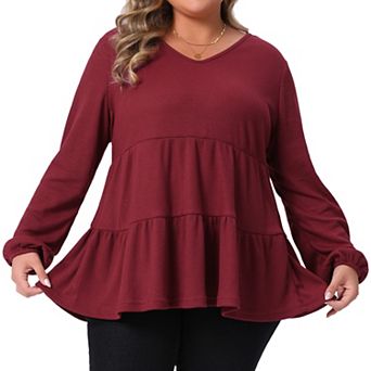 Plus Size Peplum Tops for Women V Neck Long Sleeve Ruffle Hem Tiered Lightweight Waffle Knit Blouse