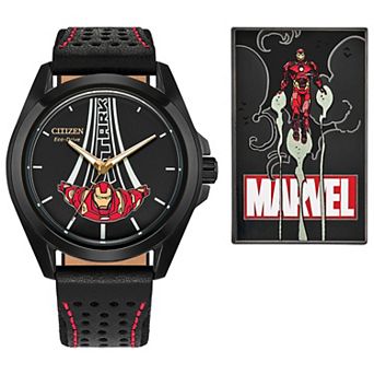 Citizen Marvel Iron Man Men's Black IP Leather Strap Watch & Pin Box Set