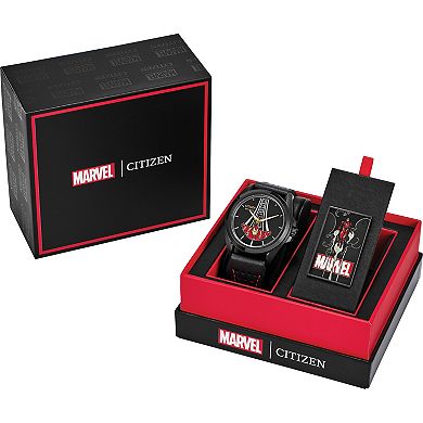 Citizen Marvel Iron Man Men's Black IP Leather Strap Watch & Pin Box Set