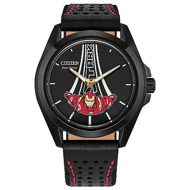 Citizen Marvel Iron Man Men's Black IP Leather Strap Watch & Pin Box Set
