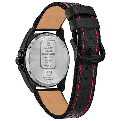 Citizen Marvel Iron Man Men's Black IP Leather Strap Watch & Pin Box Set