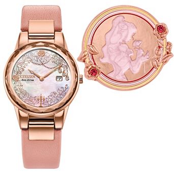 Disney's Beauty & The Beast Princess Belle Women's Mother-of-Pearl Dial Leather Strap Watch & Pin Set by Citizen