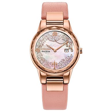 Disney's Beauty & The Beast Princess Belle Women's Mother-of-Pearl Dial Leather Strap Watch & Pin Set by Citizen
