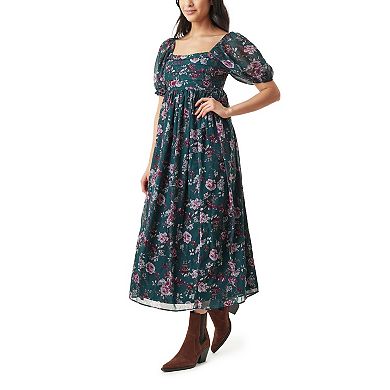 Juniors' WallFlower Pleated Bodice Puff Sleeve Maxi Dress