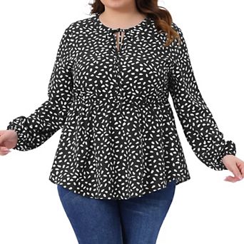 Women's Plus Size Babydoll Top Polka Dots Tie Front Neck Long Sleeve Blouse Flowy Casual Peplum Tops