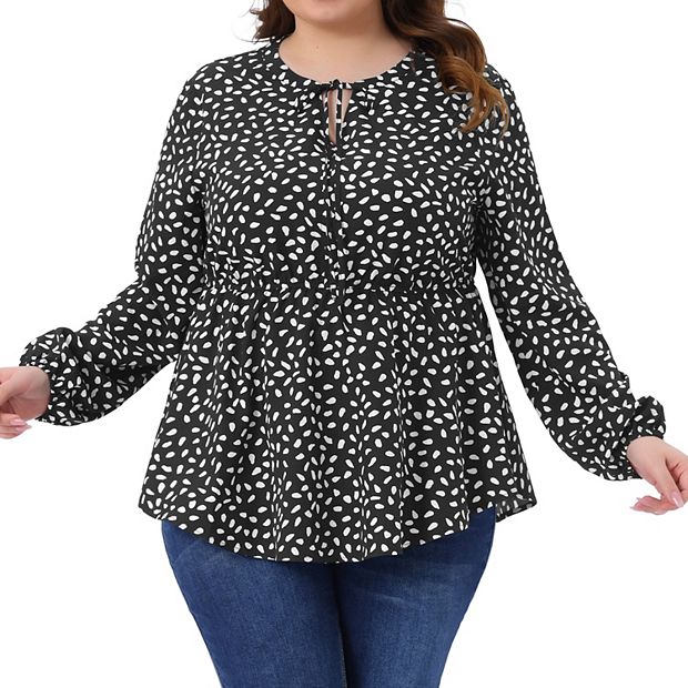 Women's Plus Size Babydoll Top Polka Dots Tie Front Neck Long