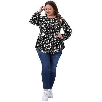 Women's Plus Size Babydoll Top Polka Dots Tie Front Neck Long
