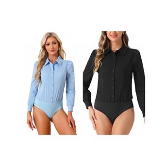 Women's 2 Packs Leotard Shirts for Women Collared Business Button Down Long Sleeves Bodysuit Tops