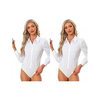 Women's 2 Packs Leotard Shirts for Women Collared Business Button Down Long Sleeves Bodysuit Tops