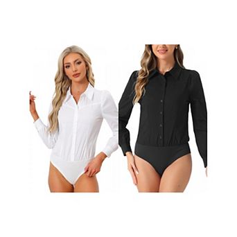 Women's 2 Packs Leotard Shirts for Women Collared Business Button Down Long Sleeves Bodysuit Tops