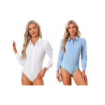 Women's 2 Packs Leotard Shirts for Women Collared Business Button Down Long Sleeves Bodysuit Tops