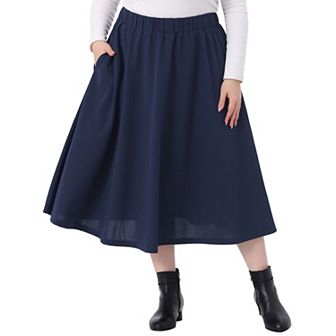 Plus Size Midi Skirt for Women Elastic High Waisted Casual Flowy A Line Skirts with Pockets