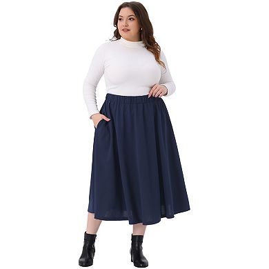 Plus Size Midi Skirt for Women Elastic High Waisted Casual Flowy A Line Skirts with Pockets