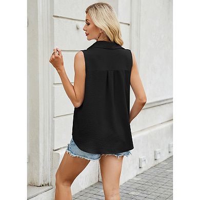 Women's Basic Lapel V-Neck Blouse Summer Work Formal Button Down Sleeveless Shirt Casual Tank Top