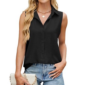 Women's Basic Lapel V-Neck Blouse Summer Work Formal Button Down Sleeveless Shirt Casual Tank Top