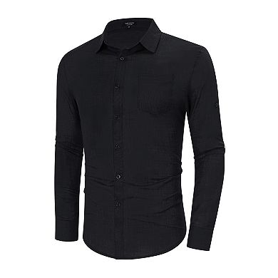 Mens Button Down Linen Shirts Casual Long Sleeve Shirts Cotton Beach Shirts with Pocket