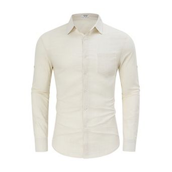 Mens Button Down Linen Shirts Casual Long Sleeve Shirts Cotton Beach Shirts with Pocket