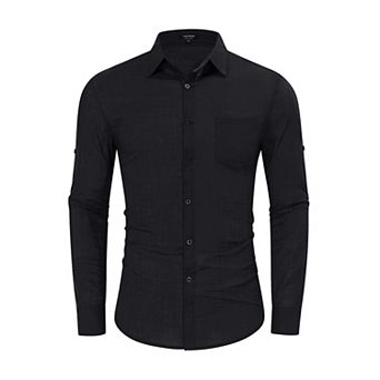 Mens Button Down Linen Shirts Casual Long Sleeve Shirts Cotton Beach Shirts with Pocket