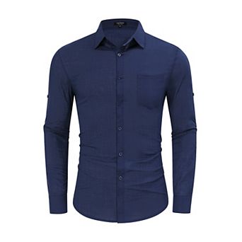 Mens Button Down Linen Shirts Casual Long Sleeve Shirts Cotton Beach Shirts with Pocket