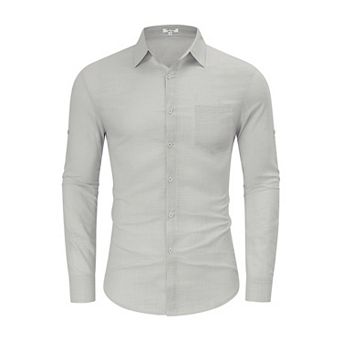 Mens Button Down Linen Shirts Casual Long Sleeve Shirts Cotton Beach Shirts with Pocket