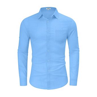 Mens Button Down Linen Shirts Casual Long Sleeve Shirts Cotton Beach Shirts with Pocket