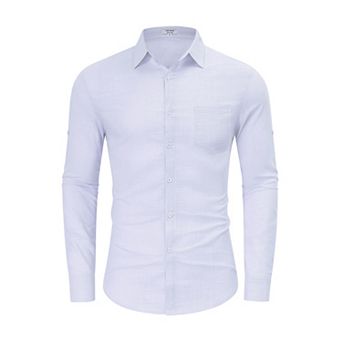 Mens Button Down Linen Shirts Casual Long Sleeve Shirts Cotton Beach Shirts with Pocket