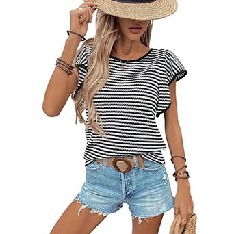 Womens Striped Knit Tops Flutter Cap Sleeve Sweater Boat Neck Color Block Tops