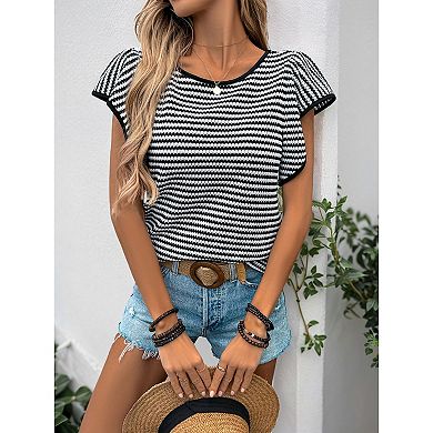 Womens Striped Knit Tops Flutter Cap Sleeve Sweater Boat Neck Color Block Tops