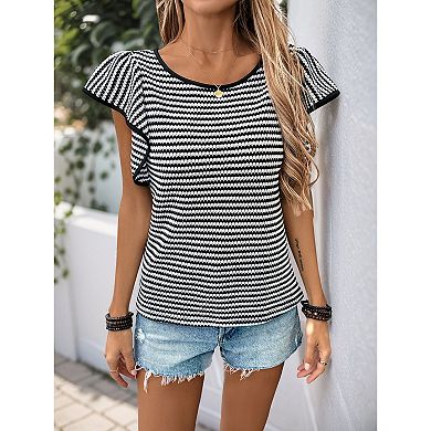Womens Striped Knit Tops Flutter Cap Sleeve Sweater Boat Neck Color Block Tops