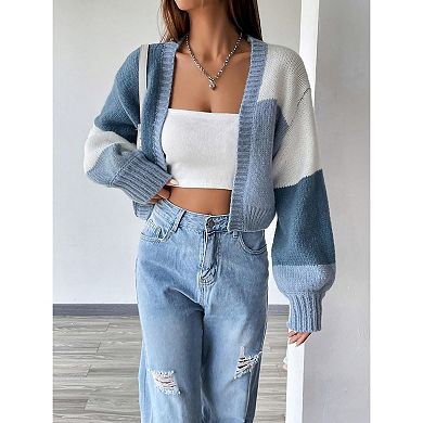 Womens Open Front Sweater Color Block Long Sleeve Cardigan Fall Knit Coat
