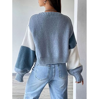 Womens Open Front Sweater Color Block Long Sleeve Cardigan Fall Knit Coat