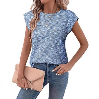 Women's Waffle Loose Crew Neck Casual Tank Tops Summer Cap Short Sleeve Slim Blouse